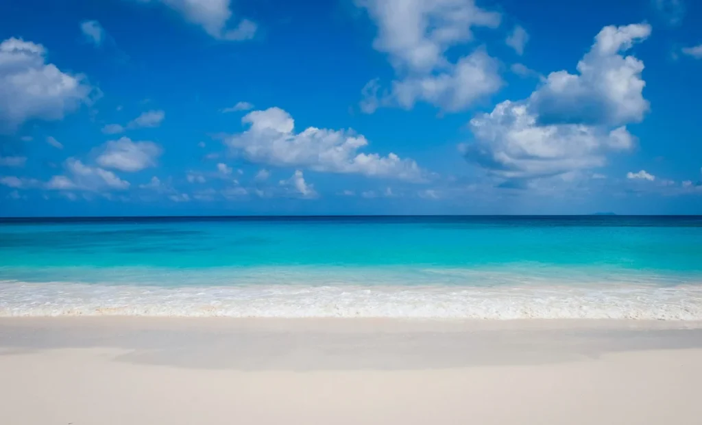 Tropical beach with turquoise water meeting the horizon