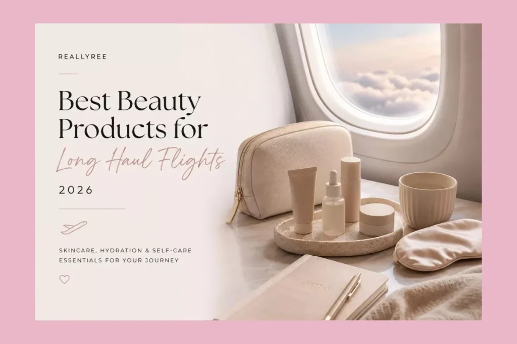 Beauty products arranged for long haul flight skincare routine