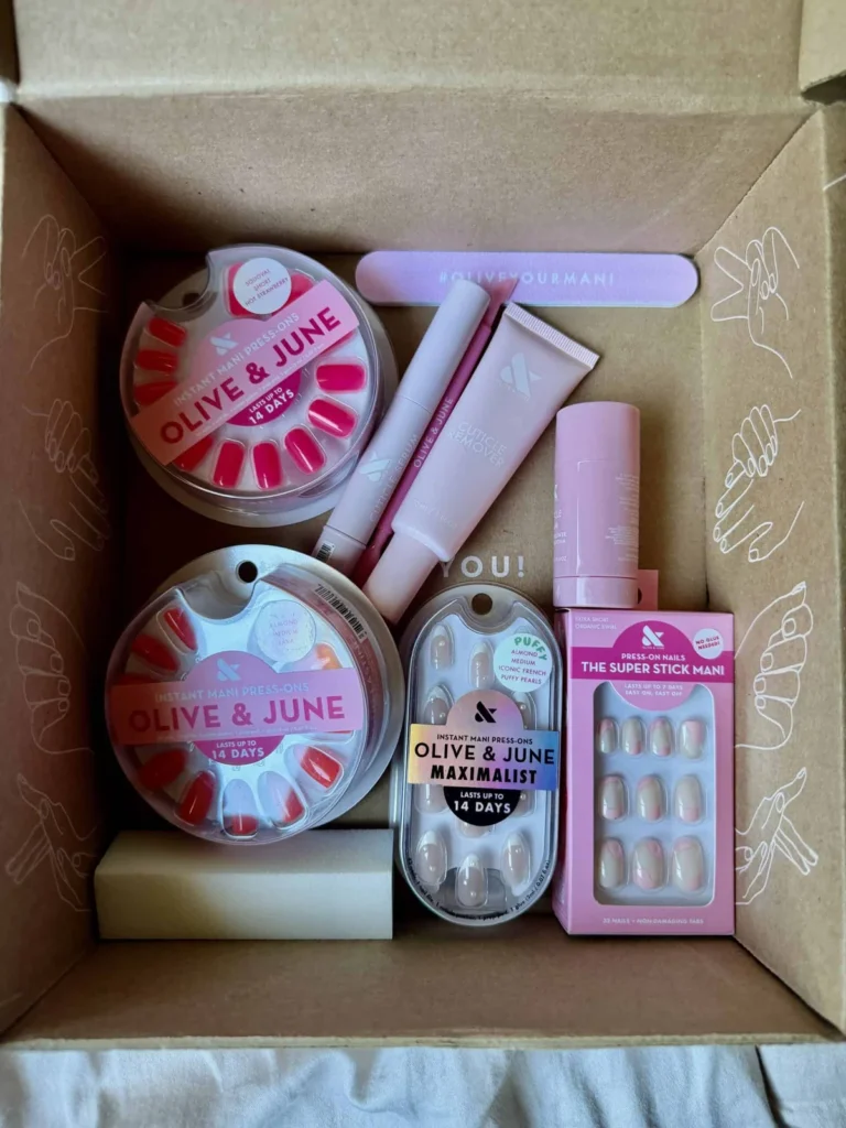 Fall 2026 at-home nail kit with deep red, nude, and glossy press-on sets