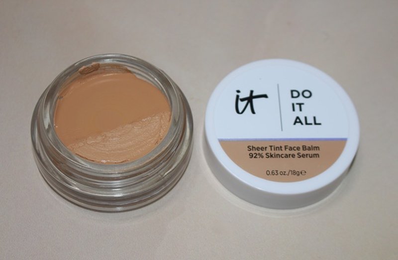 Before and after photos showing sheer tint coverage on face