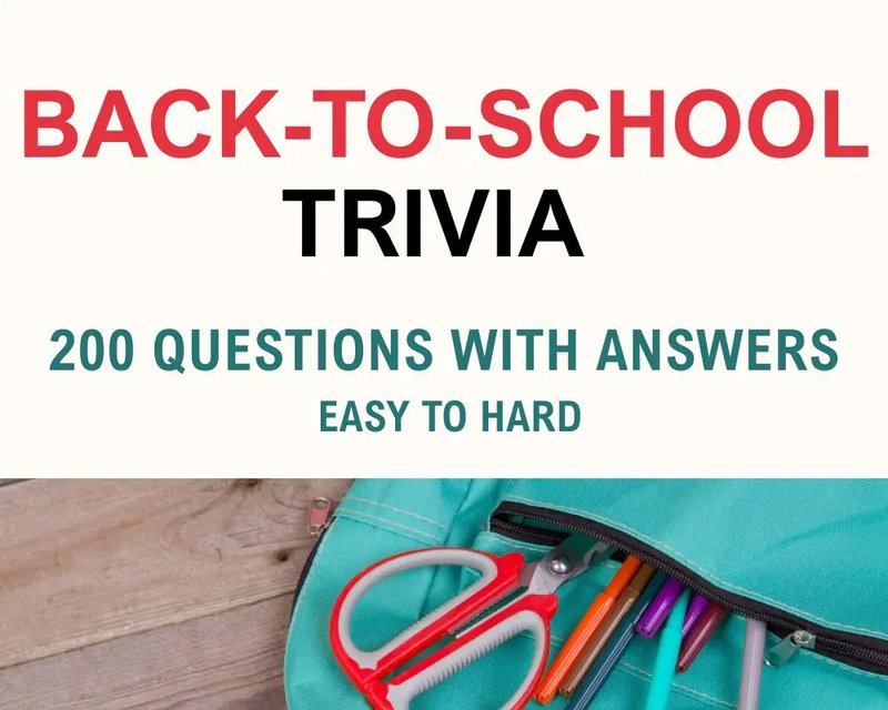 Back-to-school trivia title card above backpack and notebook photo