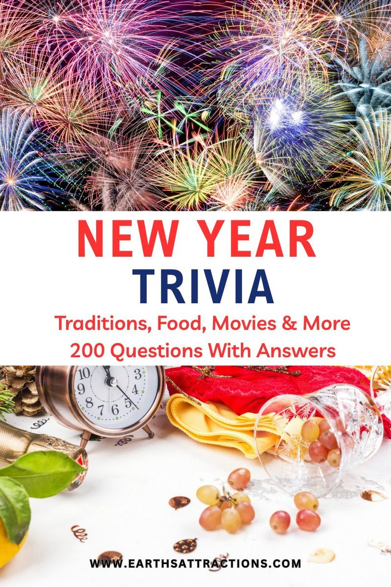 New Year trivia game graphic with fireworks and festive food