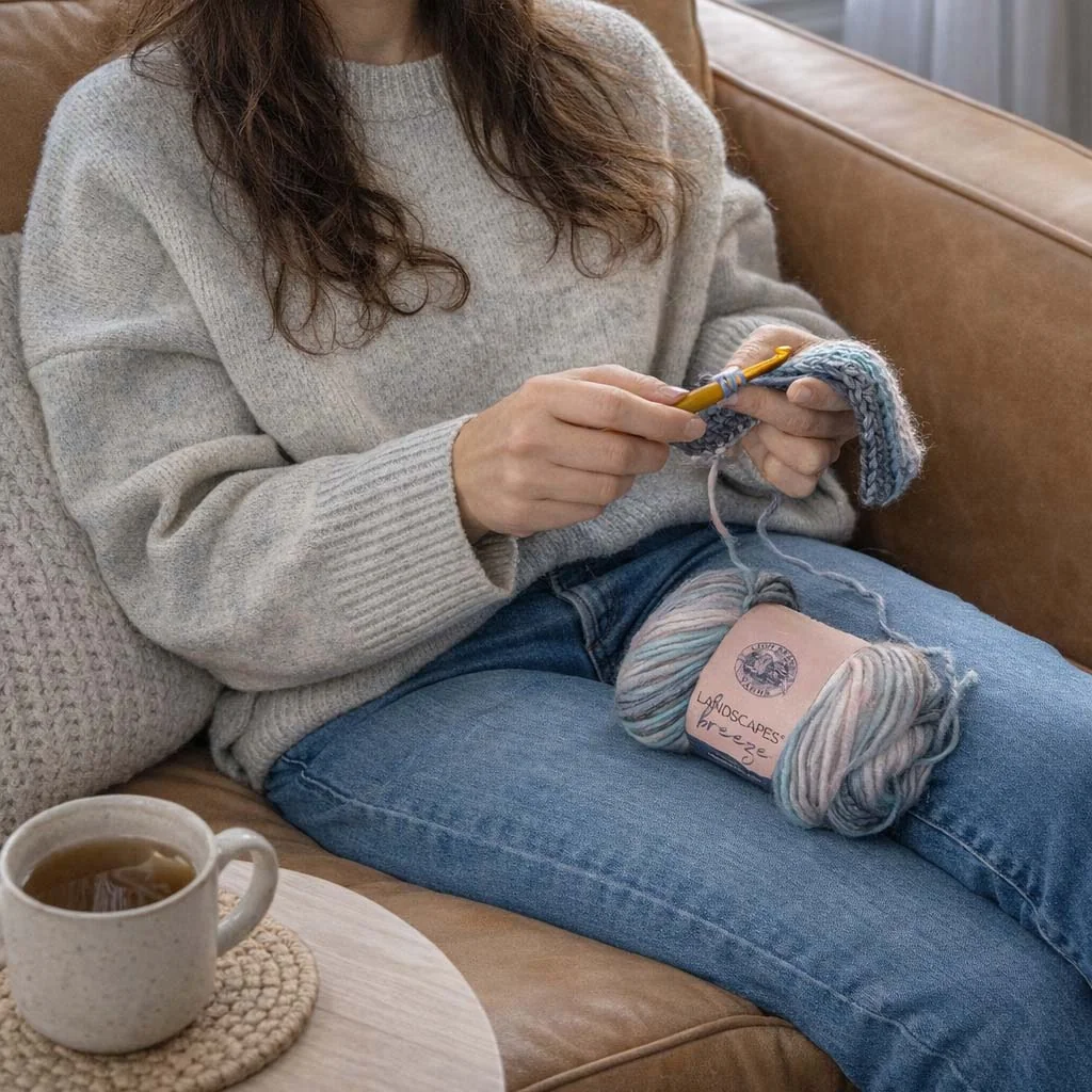 Complete crochet kit with yarn, hook, and pattern arranged on a table